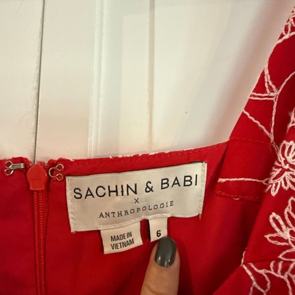 Anthropologie X Sachin and Babi red embroidered midi dress 6 - Picture 7 of 15